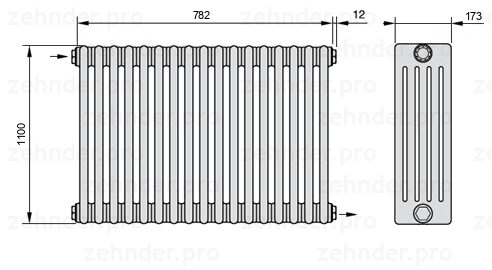 Схема (чертеж) Радиатор Zehnder Charleston 5110/17 №1670 Белый глянцевый RAL 9016